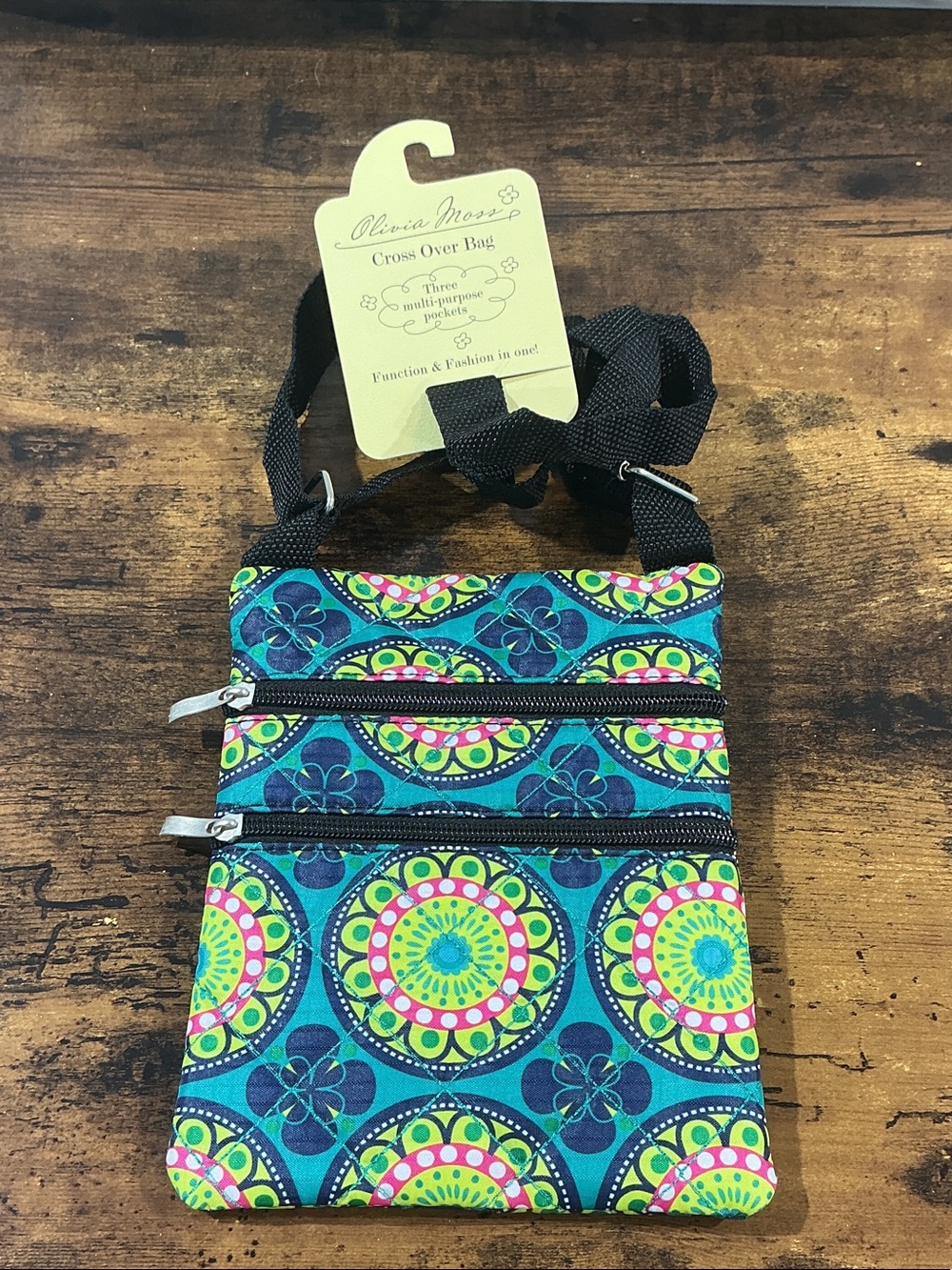 Olivia M Teal Blue Multicolor Floral Mandala Crossbody Bag